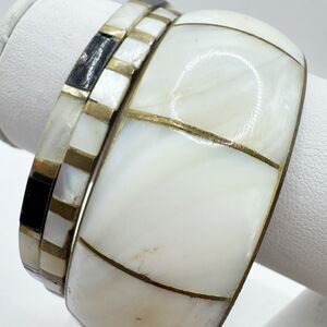 Boho Bangle Bracelet Stack Chunky Narrow Brass Mother Of Pearl Shell Bohemian